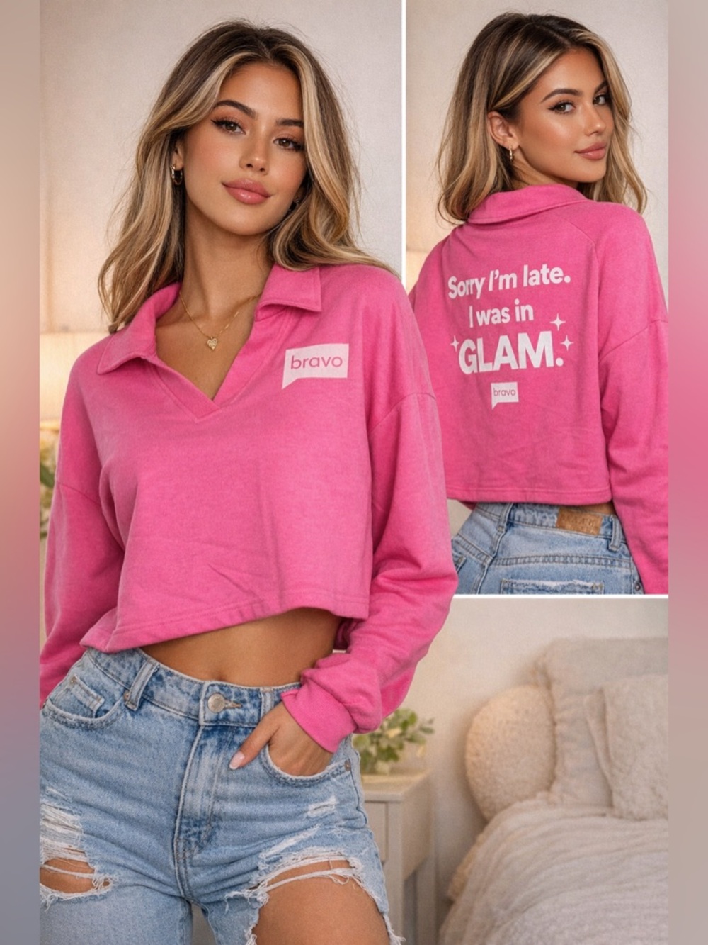 Pink Graphic Crop Sweatshirt Sorry I’m Late I Was In Glam Trendy